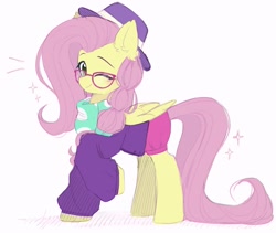 Size: 1977x1670 | Tagged: safe, artist:lerkfruitbat, imported from derpibooru, fluttershy, pegasus, pony, alternate hairstyle, clothes, female, glasses, hat, hipstershy, mare, one eye closed, redraw, scarf, simple background, solo, white background, wink