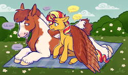 Size: 1690x996 | Tagged: safe, artist:beyhr, imported from derpibooru, sunset shimmer, oc, hybrid, mule, pegasus, pony, unicorn, braid, coat markings, commission, duo, duo male and female, facial hair, female, goatee, horn, hug, lying down, male, mare, picnic blanket, prone, size difference, speech bubble, stallion, wing blanket, winghug, wings