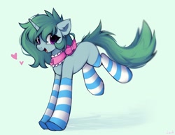Size: 2048x1587 | Tagged: safe, artist:lerkfruitbat, imported from derpibooru, oc, oc only, pony, unicorn, bow, choker, clothes, ear fluff, female, green background, hair bow, heart, horn, mare, simple background, socks, solo