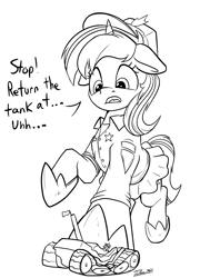 Size: 2445x3233 | Tagged: safe, artist:tsitra360, imported from derpibooru, oc, oc only, pony, unicorn, accident, clothes, crush fetish, crushing, female, fetish, giant pony, hat, high res, hoof shoes, horn, looking down, macro, mare, oops, pleated skirt, police officer, police uniform, sketch, skirt, tank (vehicle), white flag