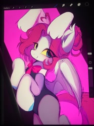 Size: 1526x2048 | Tagged: safe, artist:lerkfruitbat, imported from derpibooru, oc, oc only, bat pony, pony, bipedal, bowtie, bunny ears, bunny suit, clothes, ear fluff, eye clipping through hair, eyebrows, eyebrows visible through hair, female, mare, playboy bunny, solo, wip