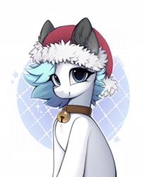 Size: 1678x2048 | Tagged: safe, artist:lerkfruitbat, imported from derpibooru, oc, oc only, earth pony, pony, abstract background, bell, bell collar, chest fluff, christmas, collar, ear fluff, female, hat, holiday, looking at you, mare, santa hat, solo