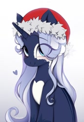 Size: 706x1024 | Tagged: safe, artist:lerkfruitbat, imported from derpibooru, oc, oc only, pony, unicorn, blushing, christmas, coat markings, commission, eye clipping through hair, eyebrows, eyebrows visible through hair, facial markings, female, hat, holiday, horn, mare, santa hat, simple background, white background, ych result