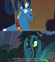 Size: 1280x1440 | Tagged: safe, edit, edited screencap, editor:jaredking779, imported from derpibooru, screencap, grogar, queen chrysalis, changeling, changeling queen, goat, frenemies (episode), season 9, spoiler:s09, caption, confrontation, duo, female, male, text