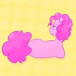 Size: 2048x2048 | Tagged: safe, artist:melodymelanchol, imported from derpibooru, pinkie pie, earth pony, pony, female, lying down, mare, on side, sad, screentone, simple background, solo, yellow background
