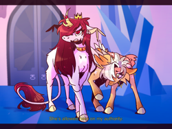 Size: 1172x882 | Tagged: safe, artist:kinda-lost, imported from derpibooru, oc, oc only, oc:angel eyes, oc:pomegranet wine, classical unicorn, pegasus, pony, unicorn, cloven hooves, comic, cousins, crown, curved horn, duo, duo female, female, horn, jewelry, leonine tail, mare, offspring, parent:flash sentry, parent:princess cadance, parent:shining armor, parent:twilight sparkle, parents:flashlight, parents:shiningcadance, regalia, story included, unshorn fetlocks