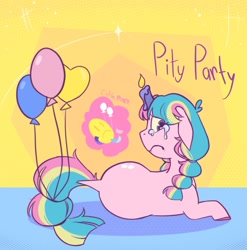 Size: 1011x1024 | Tagged: safe, artist:melodymelanchol, imported from derpibooru, oc, oc only, oc:pity party, earth pony, pony, abstract background, balloon, candlehead, female, looking back, lying down, mare, prone, solo