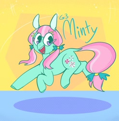 Size: 1080x1094 | Tagged: safe, artist:melodymelanchol, imported from derpibooru, minty, earth pony, pony, abstract background, eye clipping through hair, female, g3, mare, solo