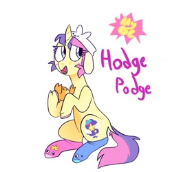 Size: 1080x1094 | Tagged: safe, artist:melodymelanchol, imported from derpibooru, oc, oc only, oc:hodge podge, pony, unicorn, clothes, curved horn, female, hat, horn, mare, plushie, simple background, socks, solo, white background