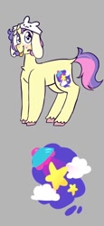 Size: 368x800 | Tagged: safe, artist:melodymelanchol, imported from derpibooru, oc, oc only, oc:hodge podge, pony, unicorn, chest fluff, curved horn, female, gray background, hat, horn, mare, reference sheet, simple background, solo, tongue out, unshorn fetlocks