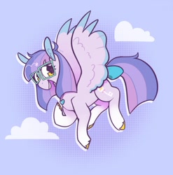 Size: 1080x1094 | Tagged: safe, artist:melodymelanchol, imported from derpibooru, oc, oc only, pegasus, pony, abstract background, bow, female, flying, glasses, jewelry, mare, necklace, screentone, solo, tail, tail bow, unshorn fetlocks