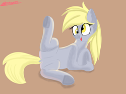 Size: 2000x1500 | Tagged: safe, artist:bazza, imported from derpibooru, derpy hooves, pegasus, pony, lying down, on side, paint tool sai, signature, simple background, simple shading, spread legs, spreading, underhoof, wall eyed