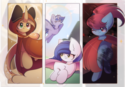 Size: 2880x2000 | Tagged: safe, artist:miryelis, imported from derpibooru, oc, oc only, oc:brave boi, oc:rainven wep, earth pony, pegasus, pony, unicorn, big ears, cape, clothes, crossover, flying, full body, horn, journey, long hair, smiling
