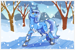 Size: 1772x1181 | Tagged: safe, artist:inuhoshi-to-darkpen, imported from derpibooru, oc, oc:glacandra, unicorn, armband, chest fluff, ear fluff, freckles, horn, ice skates, open mouth, skates, smiling, snow, tree, unicorn oc, winter