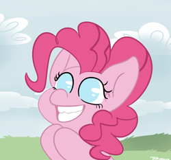 Size: 2052x1914 | Tagged: safe, artist:tkshoelace, imported from derpibooru, pinkie pie, earth pony, pony, cloud, hooves together, smiling, solo