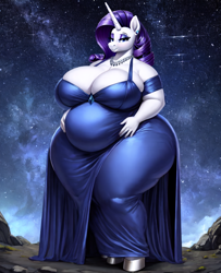 Size: 832x1024 | Tagged: safe, derpibooru exclusive, imported from derpibooru, rarity, anthro, unguligrade anthro, ai content, ai generated, big breasts, breasts, cleavage, clothes, dress, eyeshadow, fat, generator:stable diffusion, huge breasts, jewelry, long skirt, makeup, necklace, night, obese, prompter:professordoctorc, raritubby, skirt, wide hips