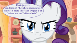 Size: 1920x1080 | Tagged: safe, edit, edited screencap, editor:korora, imported from derpibooru, screencap, rarity, look before you sleep, claude debussy, french, golden oaks library, paul verlaine, rarity is not amused, speech bubble, translated in the description, unamused