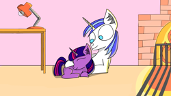 Size: 1920x1080 | Tagged: safe, artist:icycrymelon, imported from derpibooru, shining armor, twilight sparkle, pony, unicorn, colt, colt shining armor, cute, female, filly, filly twilight sparkle, fireplace, floor, horn, lamp, male, shining adorable, siblings, sleeping, table, twiabetes, wholesome, younger