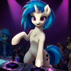 Size: 1024x1024 | Tagged: safe, imported from derpibooru, dj pon-3, vinyl scratch, pony, semi-anthro, unicorn, ai content, ai generated, belly, belly button, bipedal, chest fluff, clothes, club, duality, featureless crotch, female, horn, jacket, mare, prompter:vtaviscratch, rave, standing, standing on two hooves, turntable