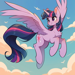 Size: 1024x1024 | Tagged: safe, imported from derpibooru, twilight sparkle, alicorn, pony, ai content, ai generated, cute, fluffy, flying, generator:pony diffusion v6 xl, generator:stable diffusion, long tail, prompter:doom9454, tail, wings