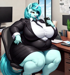 Size: 832x888 | Tagged: safe, imported from derpibooru, lyra heartstrings, anthro, unicorn, series:office ponies, ai content, ai generated, bbw, cellphone, clothes, fat, generator:stable diffusion, horn, jacket, necktie, obese, office, phone, prompter:professordoctorc, shirt, skirt, ssbbw, thighs, thunder thighs