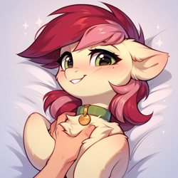 Size: 1024x1024 | Tagged: safe, imported from derpibooru, roseluck, human, pony, ai content, ai generated, behaving like a cat, chest fluff, collar, fluffy, generator:pony diffusion v6 xl, generator:stable diffusion, hand, offscreen character, offscreen human, pet tag, petting, pony pet, prompter:doom9454, rosepet