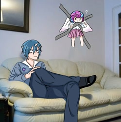 Size: 1077x1082 | Tagged: safe, artist:jin8778991, imported from derpibooru, princess flurry heart, shining armor, human, annoyed, clothes, couch, duct tape, edited photo, father and child, father and daughter, female, horn, horned humanization, humanized, male, meme, pants, ponified meme, question mark, shirt, shoes, skirt, smiling, tape, taped to the wall, winged humanization, wings
