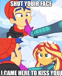 Size: 500x609 | Tagged: safe, imported from derpibooru, screencap, flash sentry, sunset shimmer, equestria girls, caption, engrish, female, flashimmer, flashshimmer, image macro, imgflip, male, meme, shipping, snow, straight, text