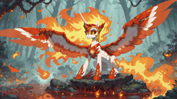Size: 5472x3072 | Tagged: safe, imported from derpibooru, daybreaker, alicorn, pony, ai assisted, ai content, ai generated, fire, forest background, high res, prompter:oranzinispegasiukas, sitting, solo, spread wings, wings