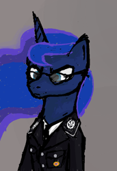 Size: 544x795 | Tagged: safe, artist:sacrious, imported from derpibooru, princess luna, alicorn, pony, angry, angry look, badge, blue coat, blue eyes, blue mane, bust, button, buttonhole, clothes, corn, female, food, glasses, mare, nazi, nazi germany, necktie, outfit, png, portrait, shirt, simple background, sitting, solo, swastika, uniform