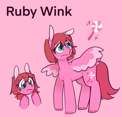 Size: 1547x1487 | Tagged: safe, artist:melodymelanchol, imported from derpibooru, oc, oc only, oc:ruby wink, pegasus, pony, colored wings, female, love live!, love live! sunshine!!, mare, pink background, ponified, ruby kurosawa, simple background, solo, sweat, unshorn fetlocks, wings