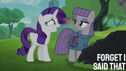 Size: 2000x1125 | Tagged: safe, edit, edited screencap, editor:quoterific, imported from derpibooru, screencap, maud pie, rarity, the gift of the maud pie, city, park, rock, rock pouch