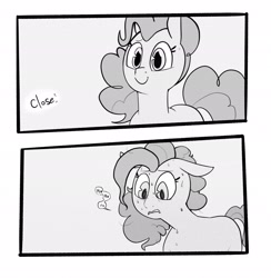 Size: 2002x2048 | Tagged: safe, artist:melodymelanchol, imported from derpibooru, pinkie pie, earth pony, pony, comic:rotten harmony, black and white, comic, dialogue, female, grayscale, mare, monochrome, screentone, solo, speech bubble, sweat, sweating profusely