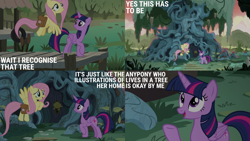 Size: 2000x1125 | Tagged: safe, edit, edited screencap, editor:quoterific, imported from derpibooru, screencap, fluttershy, twilight sparkle, alicorn, a health of information, bag, bags under eyes, pier, saddle bag, swamp, tree, twilight sparkle (alicorn)
