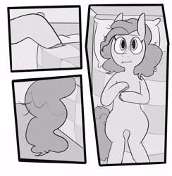 Size: 2002x2048 | Tagged: safe, artist:melodymelanchol, imported from derpibooru, pinkie pie, earth pony, pony, comic:rotten harmony, bed, black and white, comic, female, grayscale, lying down, mare, monochrome, screentone, solo