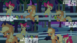 Size: 2000x1125 | Tagged: safe, edit, edited screencap, editor:quoterific, imported from derpibooru, screencap, apple bloom, applejack, earth pony, pony, going to seed, apple, apple tree, fence, food, night, trap (device), tree