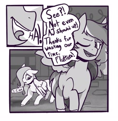Size: 2002x2048 | Tagged: safe, artist:melodymelanchol, imported from derpibooru, fluttershy, rainbow dash, pegasus, pony, comic:rotten harmony, black and white, comic, dialogue, duo, female, grayscale, mare, monochrome, speech bubble