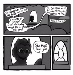 Size: 2002x2048 | Tagged: safe, artist:melodymelanchol, imported from derpibooru, pinkie pie, earth pony, pony, comic:rotten harmony, black and white, comic, dialogue, female, grayscale, implied fluttershy, implied rainbow dash, implied rarity, mare, monochrome, solo, speech bubble
