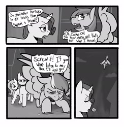 Size: 2002x2048 | Tagged: safe, artist:melodymelanchol, imported from derpibooru, fluttershy, rainbow dash, rarity, pegasus, pony, unicorn, comic:rotten harmony, black and white, comic, dialogue, female, flying, grayscale, horn, mare, monochrome, speech bubble, trio
