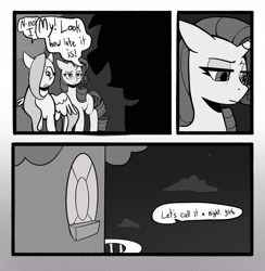 Size: 2002x2048 | Tagged: safe, artist:melodymelanchol, imported from derpibooru, fluttershy, rarity, pegasus, pony, unicorn, comic:rotten harmony, black and white, comic, dialogue, female, grayscale, horn, implied twilight sparkle, mare, monochrome, speech bubble, teary eyes