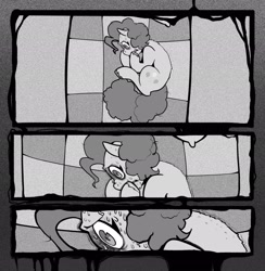 Size: 2002x2048 | Tagged: safe, artist:melodymelanchol, imported from derpibooru, pinkie pie, earth pony, pony, comic:rotten harmony, black and white, comic, curled up, female, grayscale, lying down, mare, monochrome, solo, sweat, sweating profusely