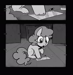 Size: 2002x2048 | Tagged: safe, artist:melodymelanchol, imported from derpibooru, pinkie pie, earth pony, pony, comic:rotten harmony, black and white, comic, drawing, female, filly, filly pinkie pie, grayscale, monochrome, solo, younger