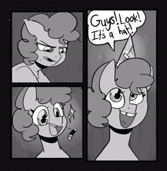 Size: 2002x2048 | Tagged: safe, artist:melodymelanchol, imported from derpibooru, pinkie pie, earth pony, pony, comic:rotten harmony, black and white, comic, dialogue, female, filly, filly pinkie pie, grayscale, hat, marker, monochrome, party hat, solo, speech bubble, younger