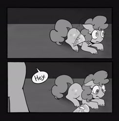 Size: 2002x2048 | Tagged: safe, artist:melodymelanchol, imported from derpibooru, pinkie pie, earth pony, pony, comic:rotten harmony, black and white, comic, dialogue, female, filly, filly pinkie pie, grayscale, hat, lying down, monochrome, party hat, prone, scared, speech bubble, teary eyes, unshorn fetlocks, younger