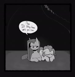 Size: 2002x2048 | Tagged: safe, artist:melodymelanchol, imported from derpibooru, pinkie pie, earth pony, pony, comic:rotten harmony, black and white, comic, crying, dialogue, female, grayscale, lying down, mare, monochrome, pinkamena diane pie, prone, speech bubble, unshorn fetlocks