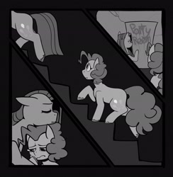 Size: 2002x2048 | Tagged: safe, artist:melodymelanchol, imported from derpibooru, pinkie pie, earth pony, pony, comic:rotten harmony, black and white, comic, crying, female, grayscale, hug, mare, monochrome, pinkamena diane pie, stairs