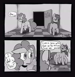 Size: 2002x2048 | Tagged: safe, artist:melodymelanchol, imported from derpibooru, pinkie pie, earth pony, pony, comic:rotten harmony, balloon, black and white, comic, dialogue, female, grayscale, mare, monochrome, pinkamena diane pie, speech bubble, streamers
