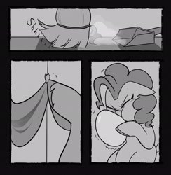 Size: 2002x2048 | Tagged: safe, artist:melodymelanchol, imported from derpibooru, pinkie pie, earth pony, pony, comic:rotten harmony, balloon, black and white, blowing up balloons, broom, comic, dustpan, female, grayscale, inflating, mare, monochrome, unshorn fetlocks