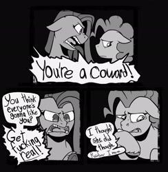 Size: 2002x2048 | Tagged: safe, artist:melodymelanchol, imported from derpibooru, pinkie pie, earth pony, pony, comic:rotten harmony, black and white, comic, dialogue, duo, female, grayscale, mare, monochrome, pinkamena diane pie, snot, speech bubble, teary eyes, vulgar