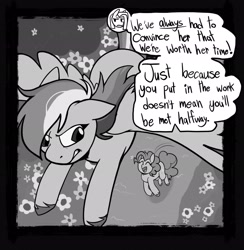 Size: 2002x2048 | Tagged: safe, artist:melodymelanchol, imported from derpibooru, pinkie pie, rainbow dash, earth pony, pegasus, pony, comic:rotten harmony, black and white, dialogue, female, flying, grayscale, mare, monochrome, pinkamena diane pie, speech bubble